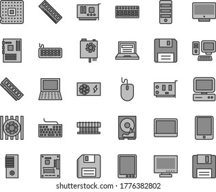 Thin line gray tint vector icon set - floppy disk vector, laptop, monitor, keyboard, screen, processor, computer, tablet pc, notebook, radiator fan, mouse, power supply, tower, motherboard, memory