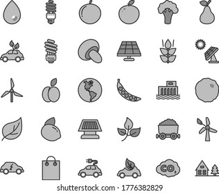 Thin line gray tint vector icon set - saving light bulb vector, drop, porcini, cabbage, apple, pear, mint, tangerine, yellow lemon, delicious, peas, broccoli, solar panel, big, leaves, leaf, eco car