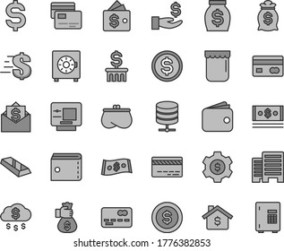 Thin line gray tint vector icon set - bank card vector, purse, dollar, buildings, big data server, strongbox, cards, jam, reverse side of a, front the, denomination, get wage, wallet, money, cash