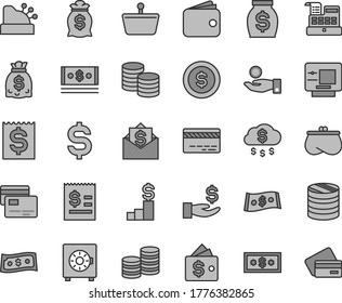 Thin line gray tint vector icon set - bank card vector, strongbox, cards, coins, shopping basket, column of, denomination the dollar, article on, financial item, get a wage, catch coin, wallet, cash