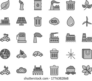 Thin line gray tint vector icon set - bin vector, dust, drop, bag with handles, apple stub, solar panel, leaves, leaf, gas station, windmill, manufacture, factory, oil, hydroelectric, eco car, CO2