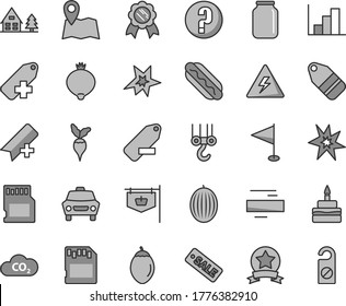 Thin line gray tint vector icon set - danger of electricity vector, add bookmark, minus, label, remove, pennant, negative histogram, question, winch hook, car, Hot Dog, birthday cake, medlar, melon