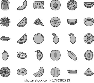 Thin line gray tint vector icon set - piece of cheese vector, pizza, slices onion, cake slice, bacon, meat, cucumber, orange, sandwich, plum, water melon, half mango, peach, tangerine, lemon, kiwi
