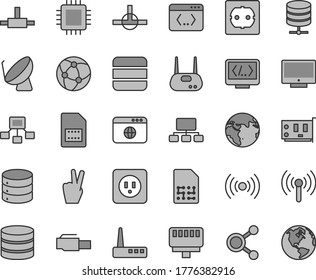 Thin line gray tint vector icon set - power socket type b vector, f, screen, big data, server, satellite dish, SIM card, connections, scheme, hierarchical, cpu, pc, router, network, browser, connect