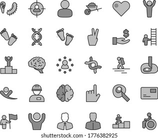Thin line gray tint vector icon set - footprints vector, children's tracks, workman, garden trolley, employee, heart, index finger, pass card, woman, man, in sight, get a wage, dna, brain, bactery