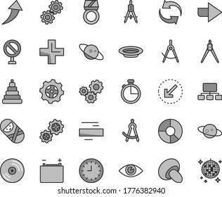 Thin line gray tint vector icon set - prohibition vector, right direction, renewal, plus, minus, stacking toy, tumbler, left bottom arrow, eye, timer, CD, porcini, plate, accumulator, gear, gears