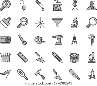 Thin line gray tint vector icon set - graphite pencil vector, yardstick, zoom, out, wind direction indicator, electronic thermometer e, mercury, drumroll, drum, trowel, building, drill, arm saw