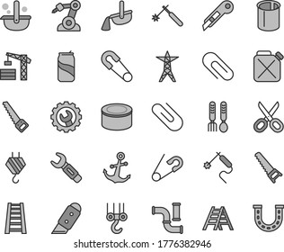 Thin line gray tint vector icon set - scissors vector, clip, safety pin, open, iron fork spoons, tower crane, hook, winch, hand saw, arm, stepladder, ladder, gear, knife, stationery, anchor, welding