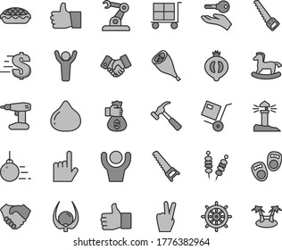 Thin line gray tint vector icon set - cargo trolley vector, dollar, small rocking horse, shoes for little children, big core, drill, hand saw, arm, hammer with claw, index finger, thumb up, shipment