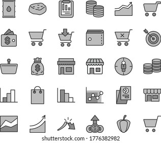 Thin line gray tint vector icon set - purse vector, line chart, graph, negative histogram, positive, cart, put in, crossed, kiosk, coins, piece of meat, ripe pepper, oil, shopping, basket, a crisis