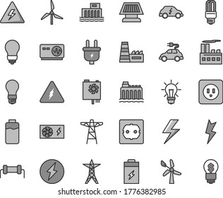 Thin line gray tint vector icon set - lightning vector, danger of electricity, bulb, power socket type b, f, charge level, charging battery, windmill, wind energy, light, hydroelectric station, line