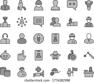 Thin line gray tint vector icon set - image of thought vector, woman, women, hat with glasses, funny hairdo, builder, workman, garden trolley, employee, index finger, operator, coins, racer, welding