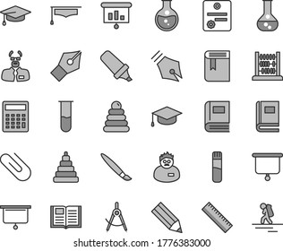 Thin line gray tint vector icon set - tassel vector, yardstick, calculator, book, stacking rings, toy, abacus, square academic hat, clip, round flask, scribed compasses, pencil, text highlighter