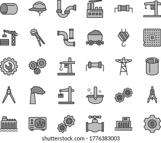 Thin line gray tint vector icon set - crane vector, tower, hook, gears, adjustable wrench, sewerage, helmet, gear, valve, water pipes, manufacture, hydroelectric station, hydroelectricity, processor