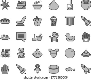 Thin line gray tint vector icon set - image of thought vector, Child T shirt, car seat, baby duckling, toy phone, sand set, deep plate with a spoon, teddy bear, funny hairdo, train, children's, fig