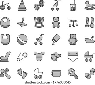Thin line gray tint vector icon set - cradle vector, toys over the, diaper, baby powder, bib, Child T shirt, beanbag, rattle, car seat, stroller, carriage, summer, sitting, open pin, bath ball, yule