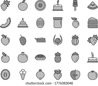 Thin line gray tint vector icon set - cake vector, birthday, piece of, slice, apple pie, popsicle, cone, jam, pomegranate, grape, branch, quince, apricot, red, tasty, raspberry, strawberry, medlar