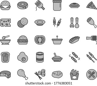 Thin line gray tint vector icon set - deep plate with a spoon vector, plastic fork spoons, piece of cheese, tin, fried vegetables on sticks, pizza, big burger, spaghetti, noodles, cake hole, pie