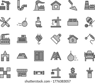 Thin Line Gray Tint Vector Icon Set - Box Of Bricks Vector, Tower Crane, Dwelling, Hook, Big Core, Building Trowel, Concrete Mixer, Window, Small Tools, Wooden Paint Brush, Ladder, Siphon, Level