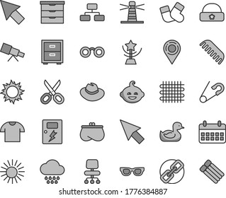 Thin line gray tint vector icon set - scissors vector, spectacles, hat, bedside table, storage unit, open pin, rubber duck, comb, cloud, warm socks, funny hairdo, dangers, flowchart, T shirt, purse