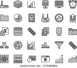 Juego de iconos de vectores de tonos grises de línea delgada - gráfico circular vector, crecimiento, histograma negativo, cargar datos de archivo, carpeta, reloj despertador, pila, diagrama de flujo, servidor grande, filtro, investigación estadística, agenda, hdd