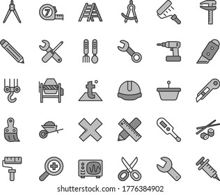 Thin line gray tint vector icon set - paint roller vector, repair key, scissors, graphite pencil, zoom, cross, electronic thermometer e, iron fork spoons, winch hook, garden trolley, concrete mixer