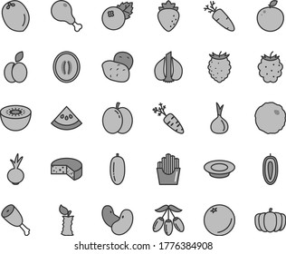 Thin line gray tint vector icon set - cheese vector, a plate of milk, chicken leg, thigh, cabbage, beet, carrot, fried potato slices, blueberries, apple, orange, raspberry, blackberry, tasty, sweet