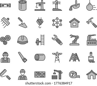 Thin line gray tint vector icon set - tower crane vector, dwelling, builder, brickwork, hook, big core, trowel, arm saw, long meashuring tape, new roller, wooden paint brush, ladder, building level