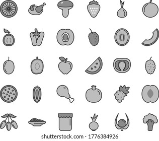 Thin line gray tint vector icon set - slices of onion vector, mushroom, chicken, leg, peper, beet, jam, strawberry, orange slice, half apricot, pomegranate, grape, red apple, mulberry, tasty, melon