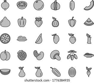Thin line gray tint vector icon set - onion vector, slices of, porcini, garlic, strawberries, pear, orange, apple, quince, strawberry, fig, medlar, melon, slice, mango, goji berry, date fruit, guawa