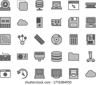 Thin line gray tint vector icon set - floppy disk vector, laptop, keyboard, rss feed, archive, big data server, copy, calculator, computer, notebook pc, radiator fan, power supply, tower, memory, cd
