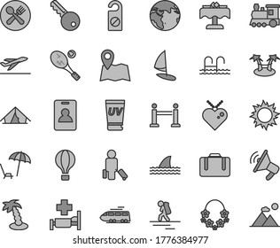 Thin line gray tint vector icon set - earth vector, train, air balloon, backpacker, rope barrier, identity card, passenger, suitcase, departure, tent, arnchair under umbrella, sun, uv cream, pool