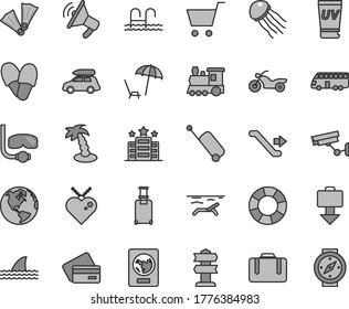 Thin line gray tint vector icon set - earth vector, train, car baggage, bus, motorcycle, escalator, suitcase, rolling, passport, case, getting, credit card, beach, arnchair under umbrella, uv cream