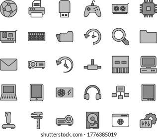 Thin line gray tint vector icon set - calipers vector, hierarchical scheme, computer, tablet pc, notebook, keyboard, power supply, cpu, card, gpu, hdd, usb, printer, flash, headphones, network, mail