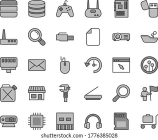 Juego de iconos vectoriales de tono gris de línea delgada - vector de amplificador, baño infantil, cartucho, calibre, puesto, ratón, motherboard, cpu, cámara web, usb, router, escáner, flash, auriculares, red, navegador