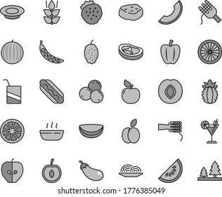 Thin line gray tint vector icon set - vector e, Hot Dog, onion, spaghetti, noodles, porridge, a plate of milk, bacon, piece meat, cocktail, strawberries, apple, mint, apricot, tasty, plum, mulberry