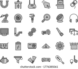 Thin line gray tint vector icon set - zoom vector, toys over the cot, mug for feeding, electronic thermometer e, arm saw, siphon, hawser, headphones, lens, charging battery, cloth industry, caliper