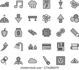 Thin line gray tint vector icon set - upward direction vector, downward, bank card, rainy cloud, books, brick wall, arm saw, shower, hawser, dangers, road fence, map, popcorn, blueberries, socket