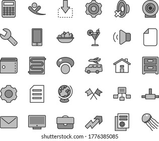 Thin line gray tint vector icon set - house vector, repair key, purse, growth up, silent mode, cogwheel, heating coil, screen, smartphone, volume, nightstand, lens, move down, a plate of fruit, mail