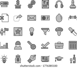 Thin line gray tint vector icon set - briefcase vector, key, delete page, move right, mushroom, lime, light bulb, racer, water filter, pc power supply, motherboard, card, web camera, headphones