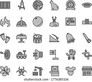 Thin line gray tint vector icon set - t short vector, footprints, drum, tower crane, window frame, arm saw, bell, no sound, plate, orange, planet, recession, dna, biohazard, flame, scientist, robot