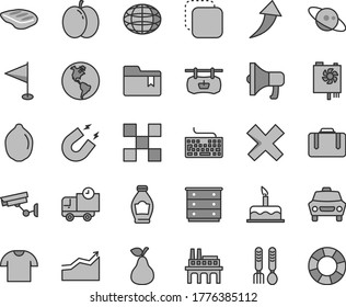 Thin line gray tint vector icon set - keyboard vector, cross, pennant, folder bookmark, chest of drawers, iron fork spoons, cake, tile, car, delivery, T shirt, megaphone, copy, chop, pear, bottle