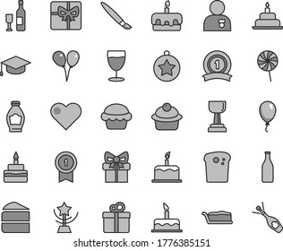 Thin line gray tint vector icon set - tassel vector, colored air balloons, balloon, cake, birthday, heart, gift, square academic hat, Easter, muffin, piece of, slice, torte, lollipop, glass, bottle