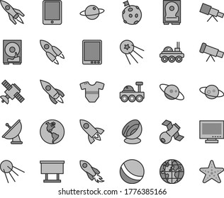 Thin line gray tint vector icon set - monitor vector, t short, bath ball, artificial satellite, planet, Earth, billboard, rocket, space, tablet pc, hdd, telescope, antenna, saturn, lunar rover