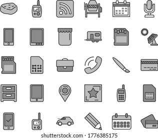 Thin line gray tint vector icon set - tassel vector, desktop microphone, calendar, bank card, rss feed, toy phone, mobile, concrete mixer, smartphone, nightstand, piece of meat, jam, big solar panel