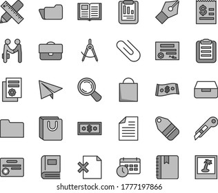 Thin line gray tint vector icon set - paper bag vector, airplane, scribbled, writing accessories, stationery knife, book, notebook, drawer, delete page, with handles, clip, label, scribed compasses
