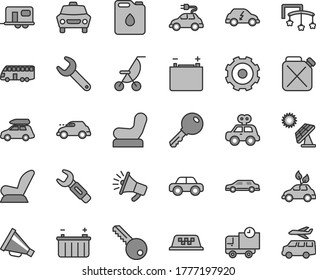 Thin line gray tint vector icon set - truck lorry vector, horn, toys over the cot, Baby chair, car child seat, summer stroller, motor vehicle, present, key, delivery, big solar panel, accumulator