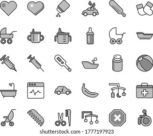 Thin line gray tint vector icon set - heart symbol vector, mark of injury, first aid kit, toys over the cradle, cot, mug for feeding, measuring cup, bottle, powder, baby, stroller, carriage, summer