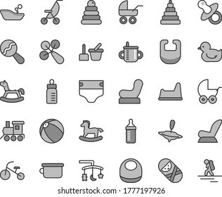 Thin line gray tint vector icon set - toys over the cradle vector, dummy, mug for feeding, bottle, measuring, diaper, bib, baby, beanbag, rattle, chair, car child seat, stroller, carriage, summer