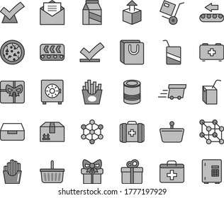 Thin line gray tint vector icon set - grocery basket vector, first aid kit, bag of a paramedic, medical, e, packing juice with straw, received letter, drawer, strongbox, handles, cardboard box, gift